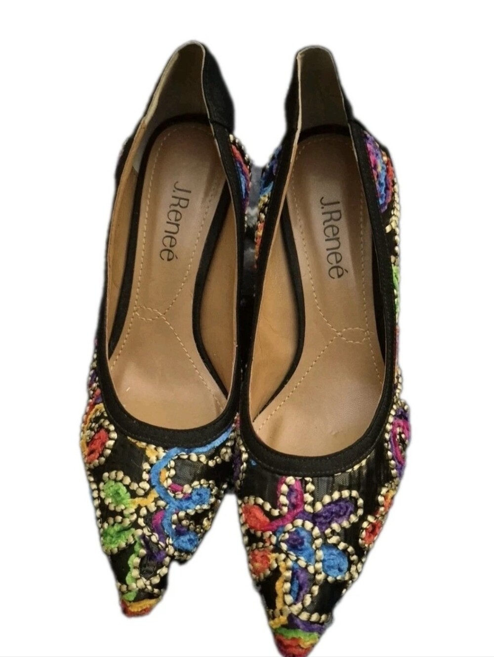 J Renee Pumps Heels 8.5 Camallia Pointed Toe Classic Fiesta Floral Black NWOB